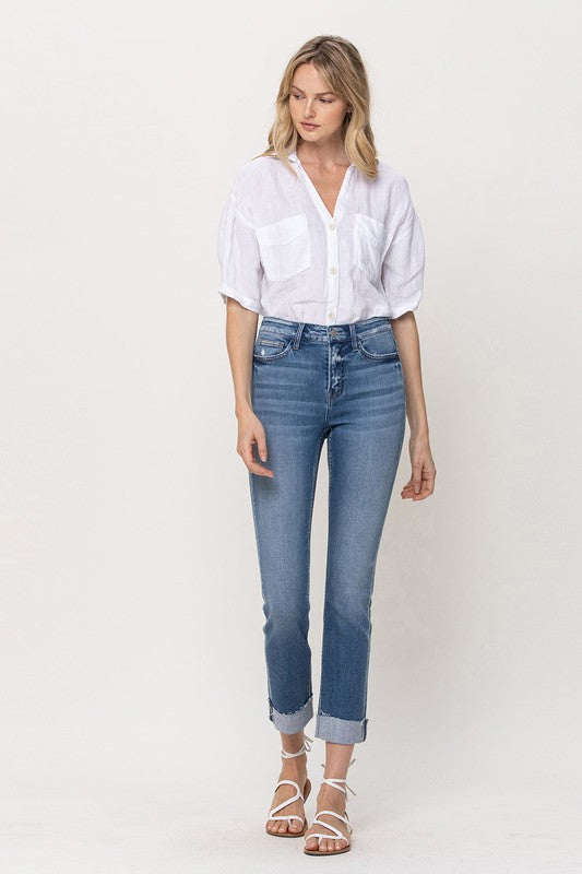 Mid-Rise Single Cuffed Crop Slim Straight Jeans