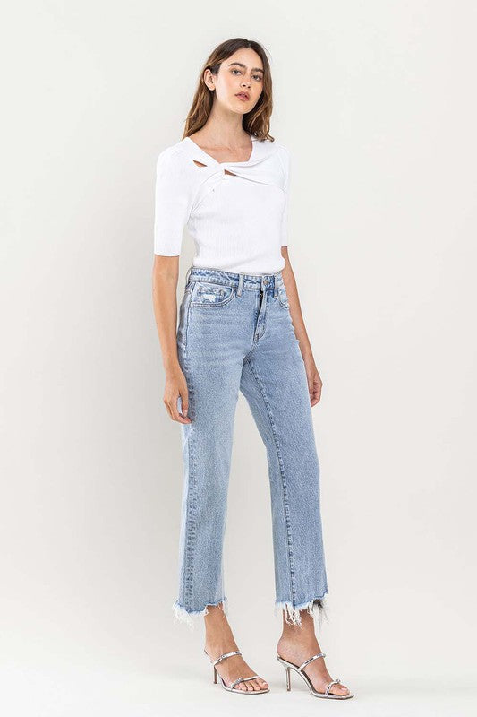 High Rise Distressed Hem Crop Dad Jeans