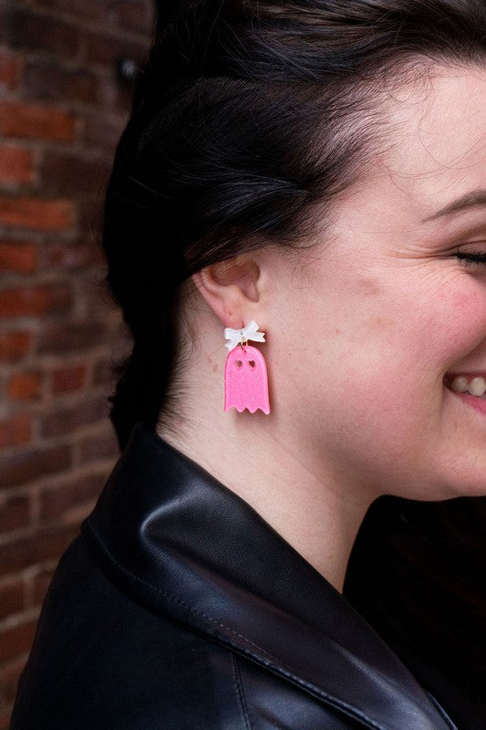 Bow Ghost Earrings - Pink Glitter