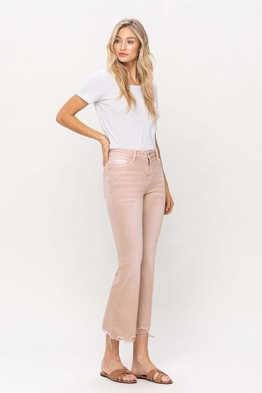 High Rise Distressed Hem Crop Flare Jeans