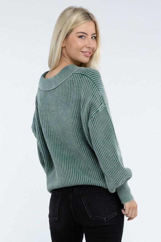 Washed Collared Henley Sweater